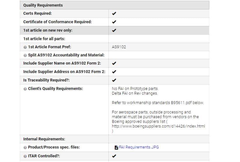 quality requirements table